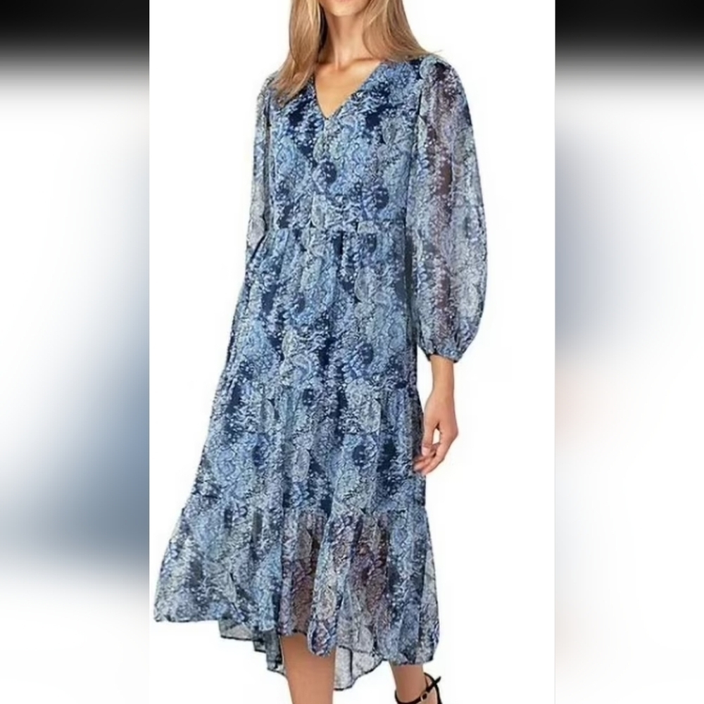 EUC Joie Blue Parisian Paisley Chiffon Tiered Midi Dress Size XXL